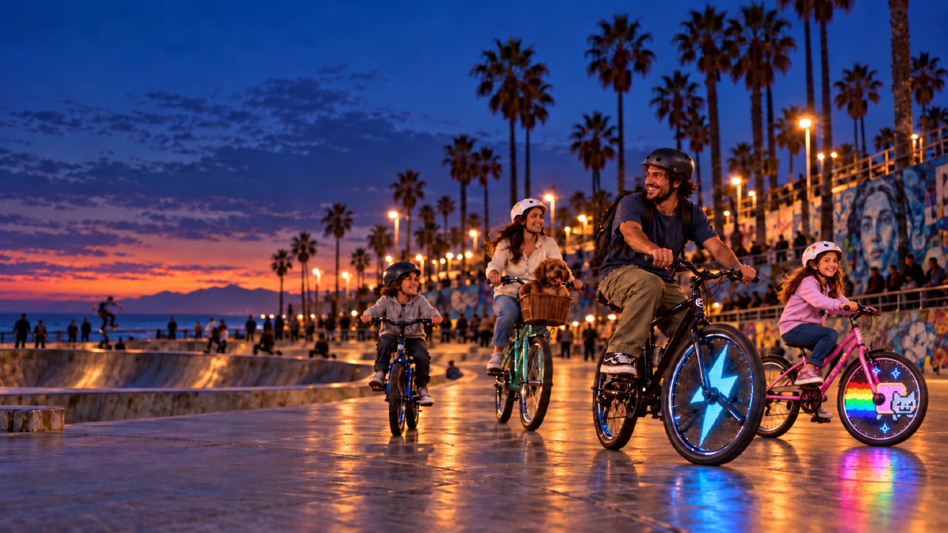 A family riding beside the Venice skate park at blue hour, with Nyan Cat on the girl’s side-facing pink bicycle wheel and cyan lightning on her dad’s wheel.