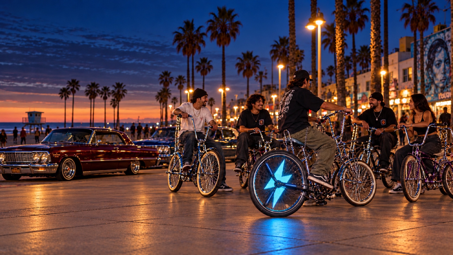 Friends with custom chrome lowrider bicycles on the Venice boardwalk at blue hour, with classic lowrider cars behind them and cyan lightning glowing in a wheel.