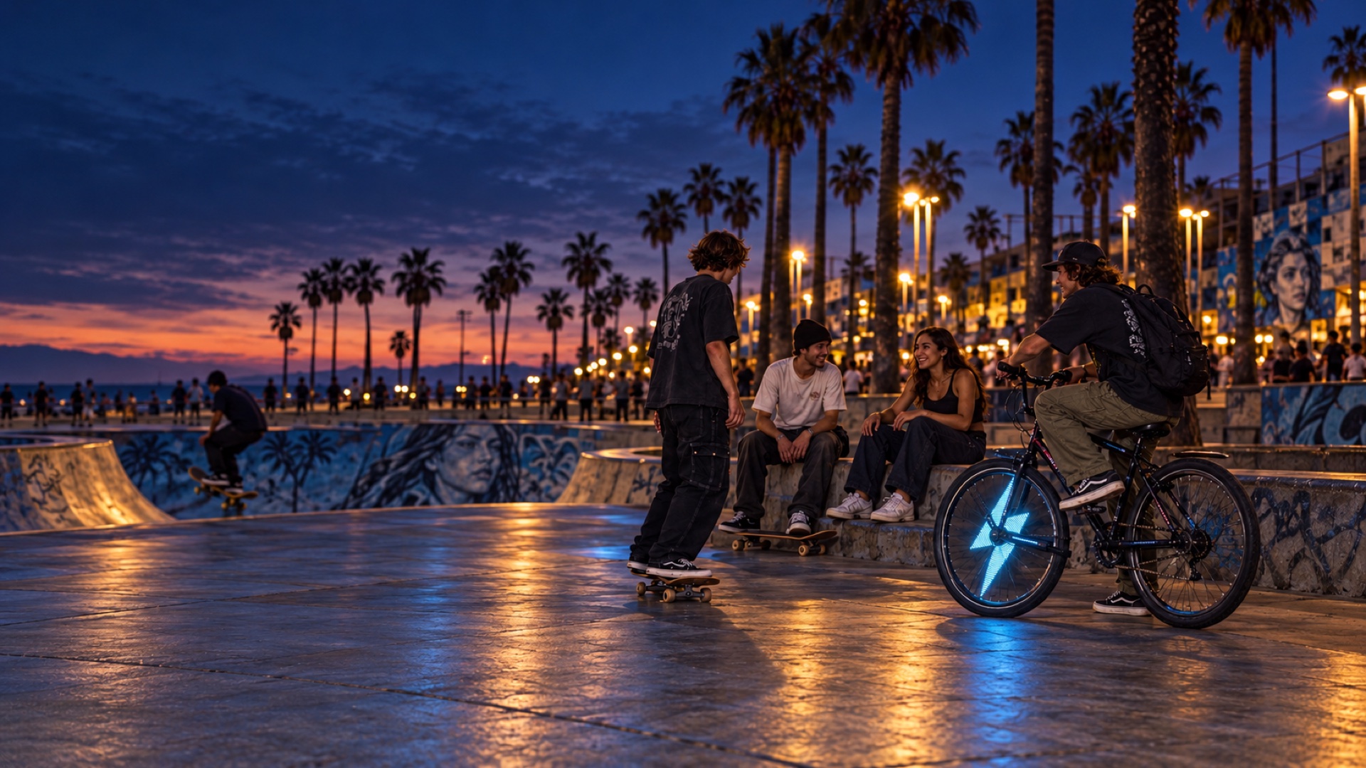 A wide view of skaters and friends near the Venice bowls after dark, with a cyan lightning image glowing in one bicycle wheel.